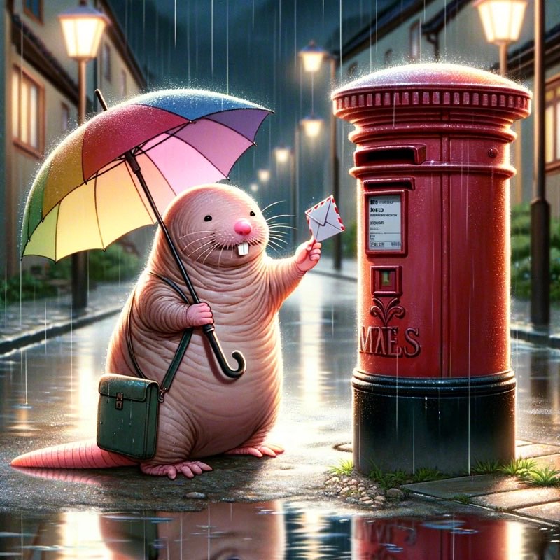 Anime-style illustration of a naked mole rat holding an umbrella and posting a letter into a postbox on a rainy suburban street.